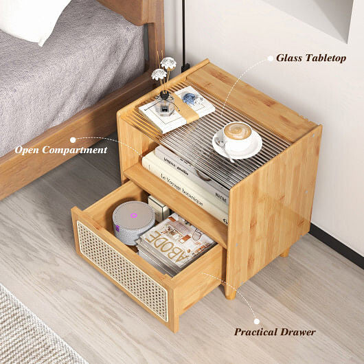 Bamboo Rattan Nightstand with Drawer and Solid Wood Legs-Natural-6