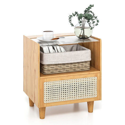 Bamboo Rattan Nightstand with Drawer and Solid Wood Legs-Natural-7