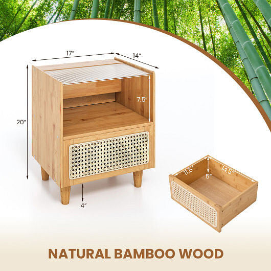 Bamboo Rattan Nightstand with Drawer and Solid Wood Legs-Natural-8
