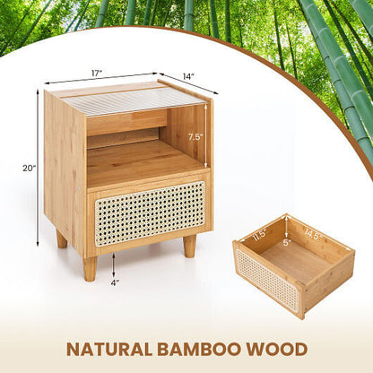 Bamboo Rattan Nightstand with Drawer and Solid Wood Legs-Natural-8