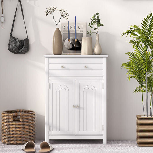 Wooden Bathroom Floor Cabinet with Drawer and Adjustable Shelf-Gray-4