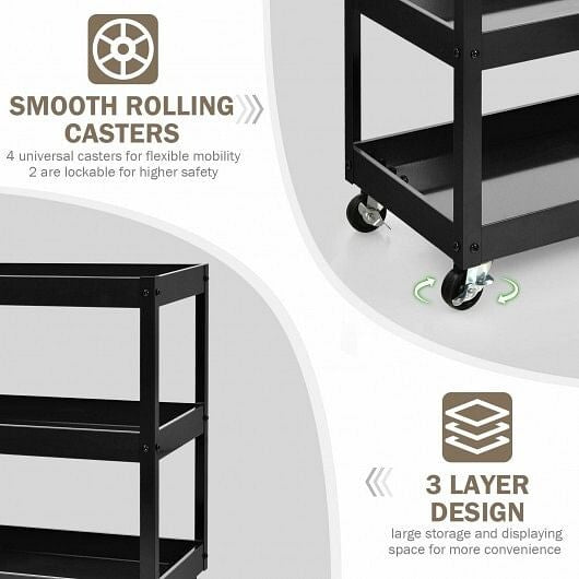 3-Tier Utility Cart Metal Mental Storage Service Trolley-Black