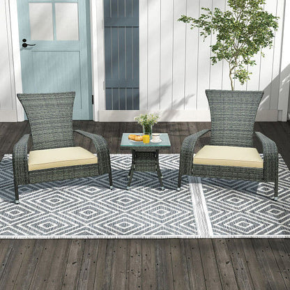 3-Piece Wicker Adirondack Set with Comfy Seat Cushions-Gray-3