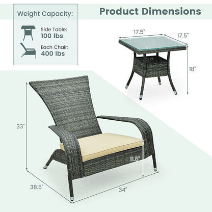 3-Piece Wicker Adirondack Set with Comfy Seat Cushions-Gray-2