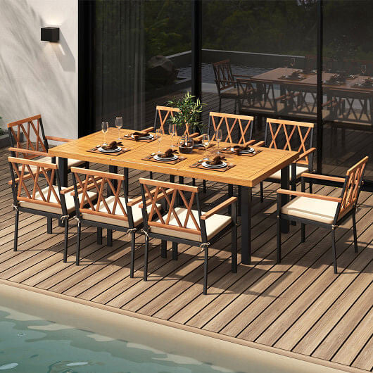 9 Pieces Patio Dining Set 39.5 Inch Acacia Wood Table with Umbrella Hole and 22.5-Inch Wide Chairs