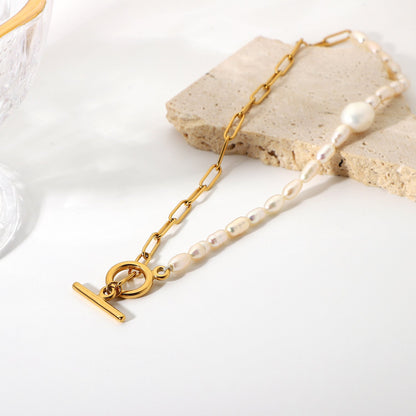 18K Gold Plated Half Pearl Link Necklace