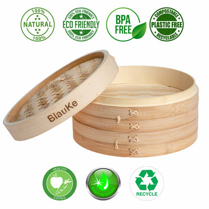 2-Tier Bamboo Steamer for Cooking Dumplings, Vegetables, Meat, Fish, Rice - Bamboo Steamer Basket 10 Inch with 2 Pairs Chopsticks, Tongs and 50 Paper Liners-2