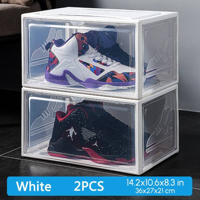 NNEOBA 2pcs Transparent Sneaker Shoe Box Dust-proof Storage Box Stackable Shoe Cabinet High-top Dustproof AJ Shoes Organizers Shoe Rack