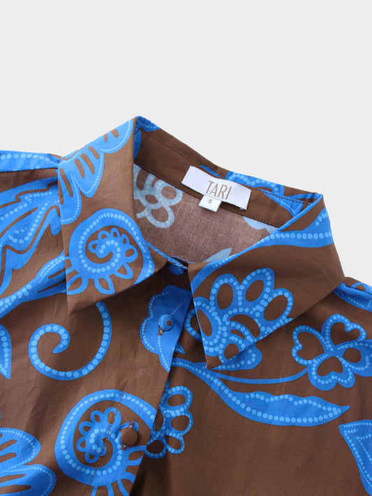 Elastic Waist Tiered Shirtdress-Brown/Blue Floral
