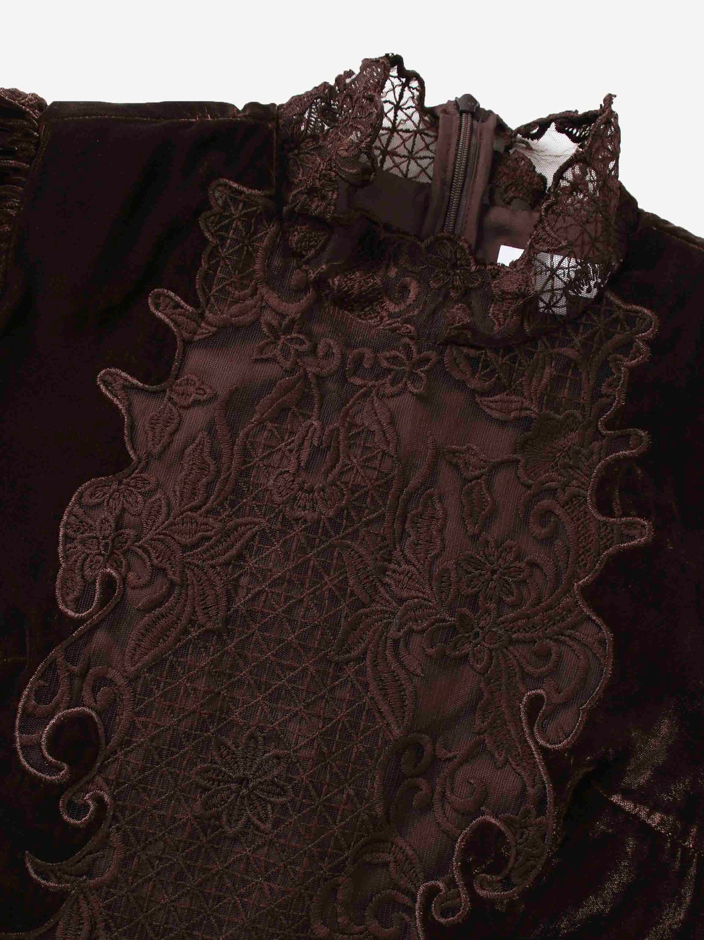 Lace Inlay Velvet Dress-Brown