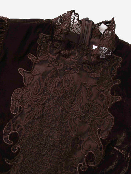 Lace Inlay Velvet Dress-Brown