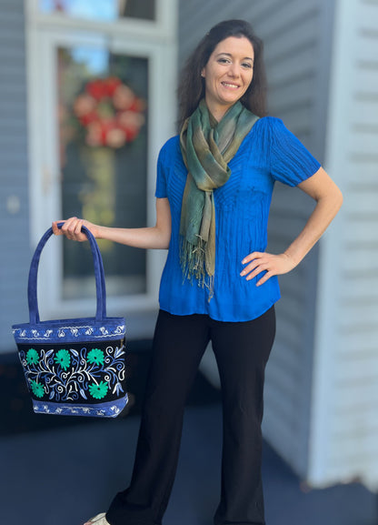 Handmade Black And Blue Suede Embroidered Tote Bag