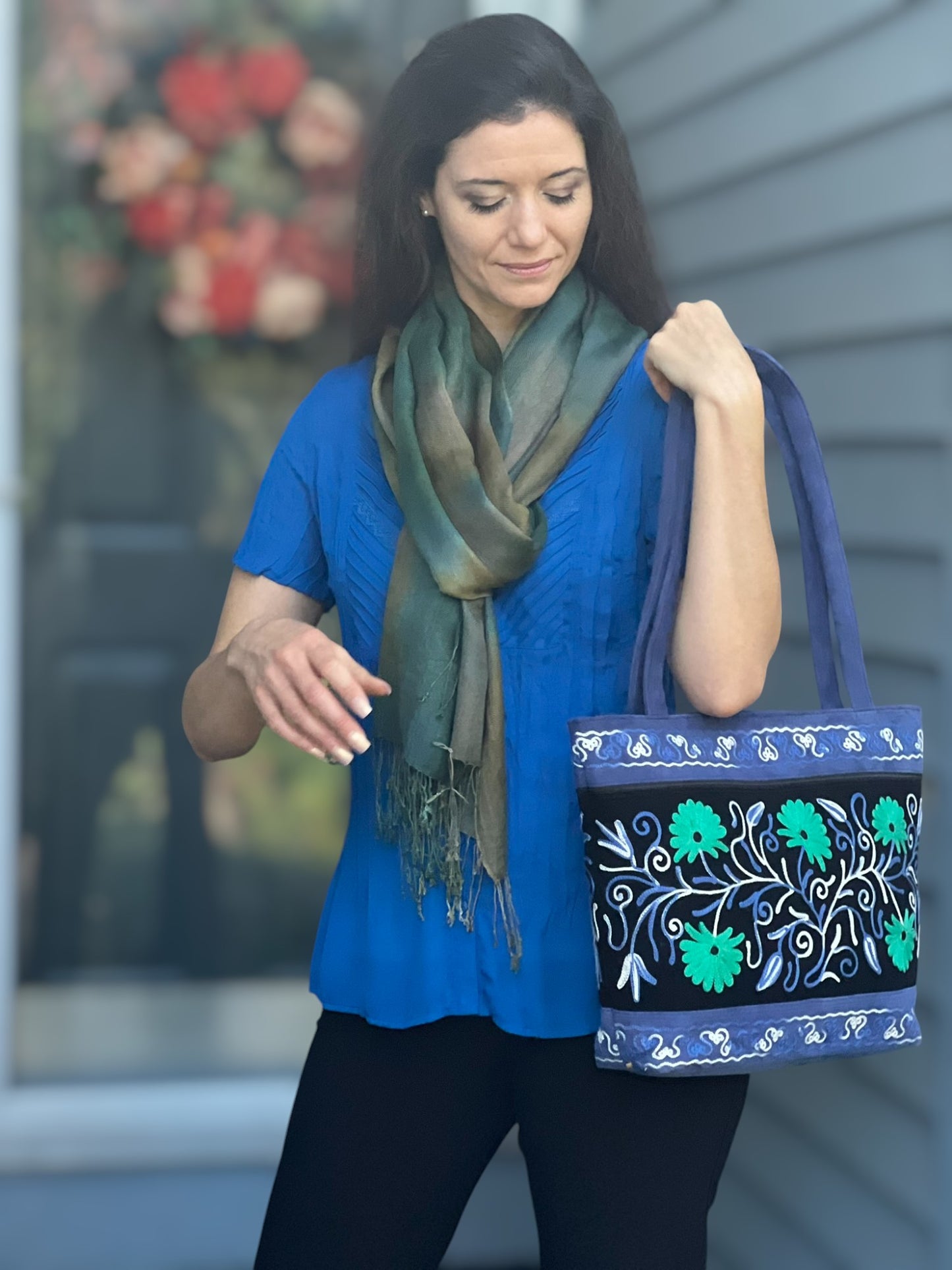 Handmade Black And Blue Suede Embroidered Tote Bag