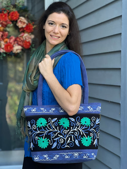 Handmade Black And Blue Suede Embroidered Tote Bag