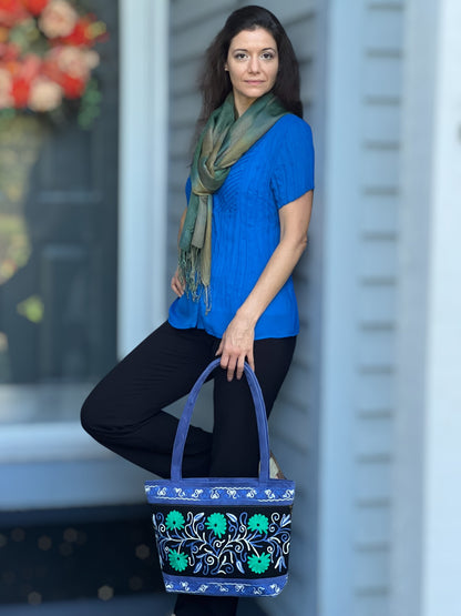 Handmade Black And Blue Suede Embroidered Tote Bag