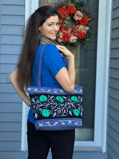 Handmade Black And Blue Suede Embroidered Tote Bag