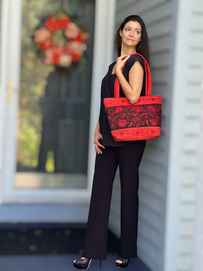 Handmade Red Suede Embroidered Tote Bag