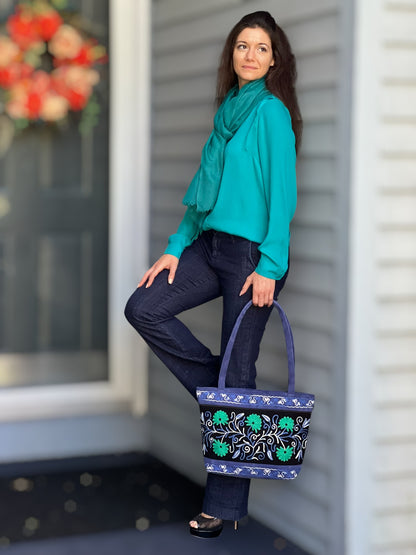 Handmade Black And Blue Suede Embroidered Tote Bag