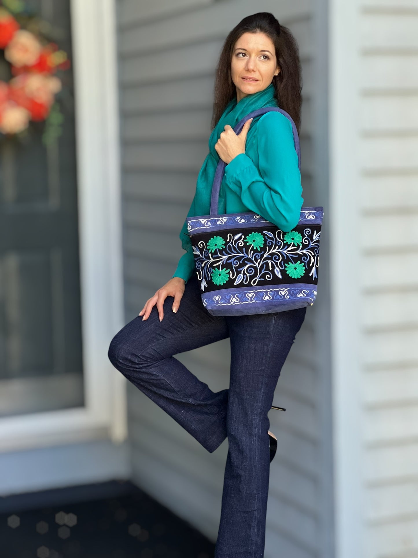 Handmade Black And Blue Suede Embroidered Tote Bag