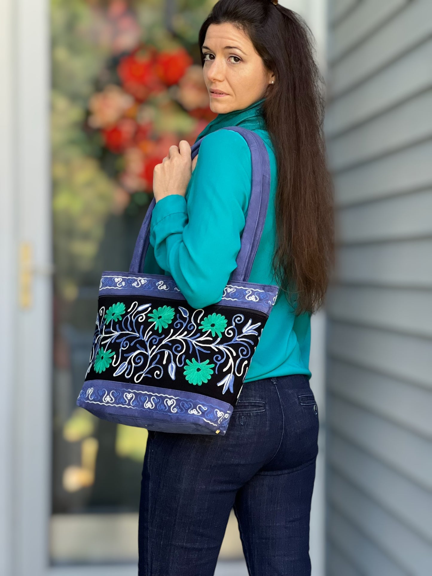 Handmade Black And Blue Suede Embroidered Tote Bag