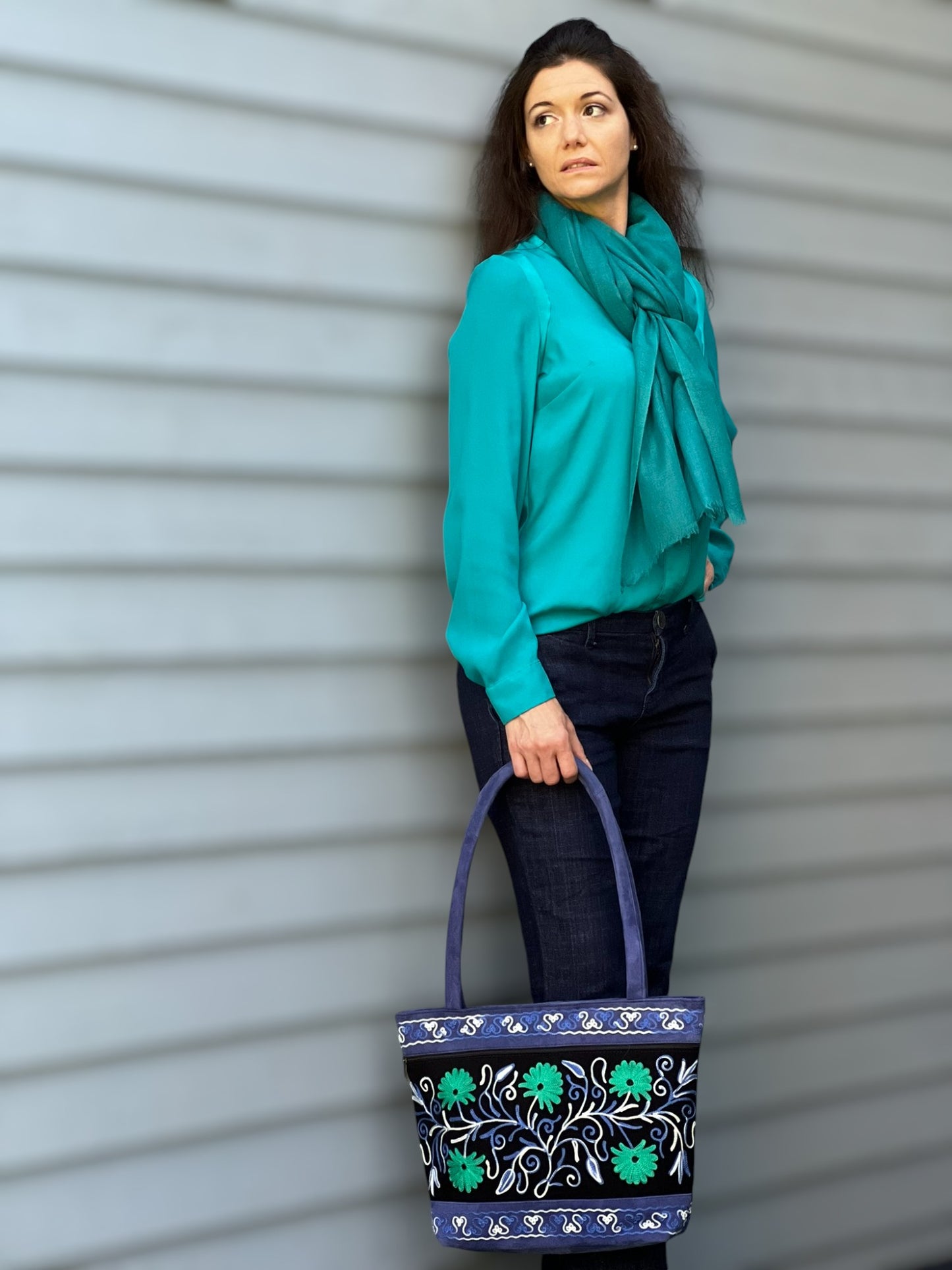Handmade Black And Blue Suede Embroidered Tote Bag