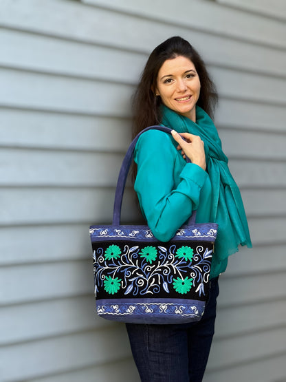 Handmade Black And Blue Suede Embroidered Tote Bag
