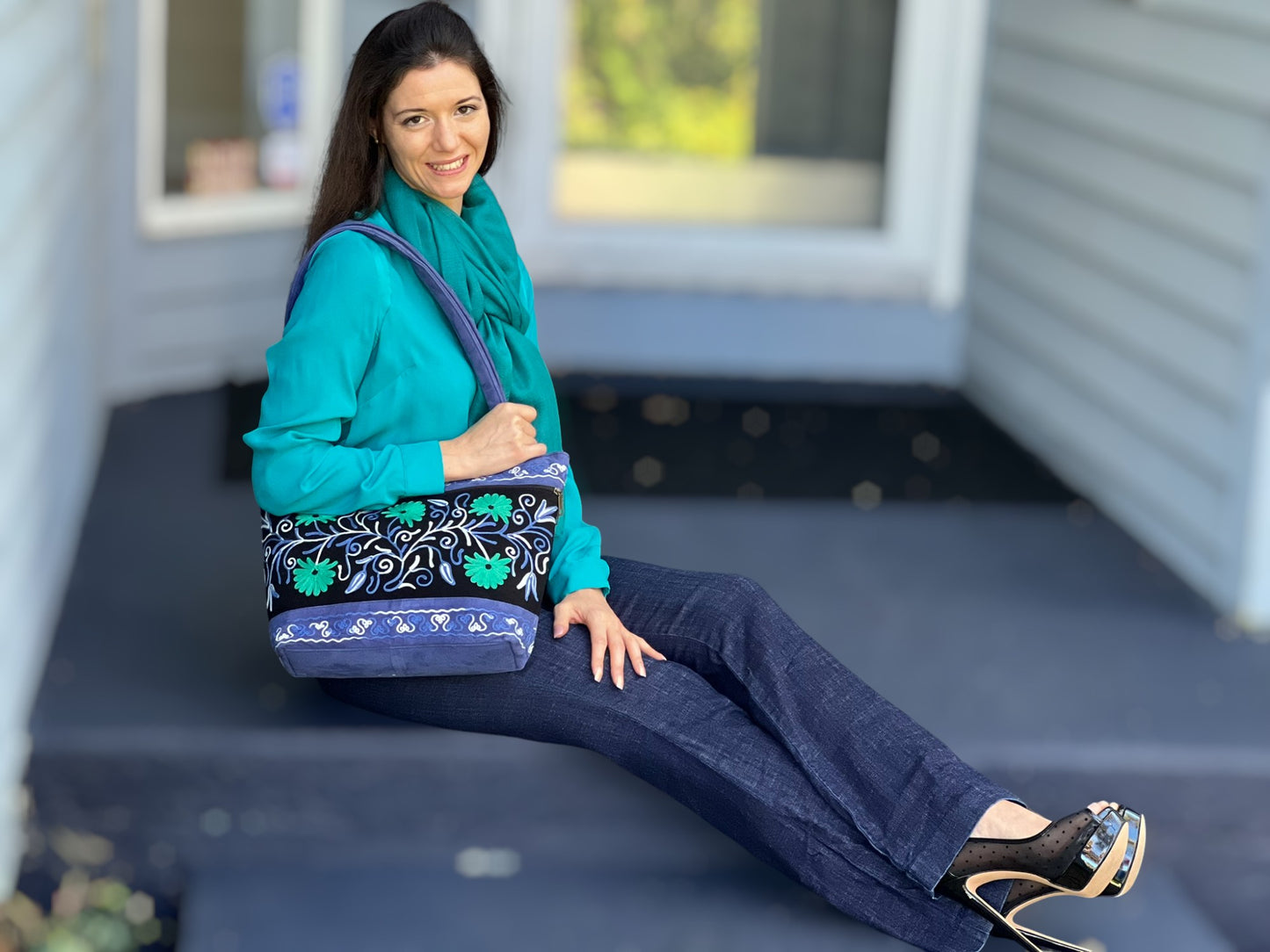 Handmade Black And Blue Suede Embroidered Tote Bag