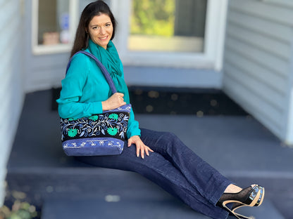 Handmade Black And Blue Suede Embroidered Tote Bag