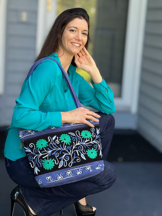 Handmade Black And Blue Suede Embroidered Tote Bag