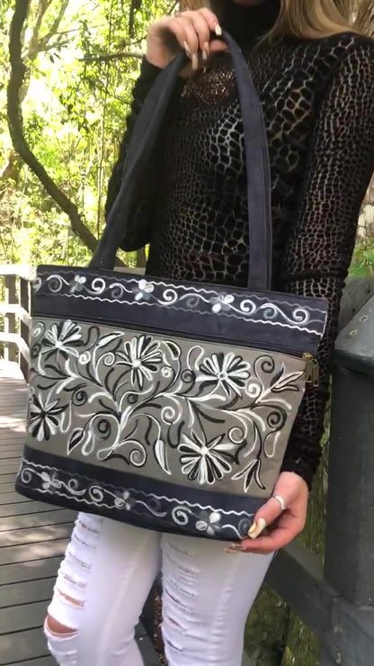Handmade Grey and Navy Suede Embroidered Tote Bag