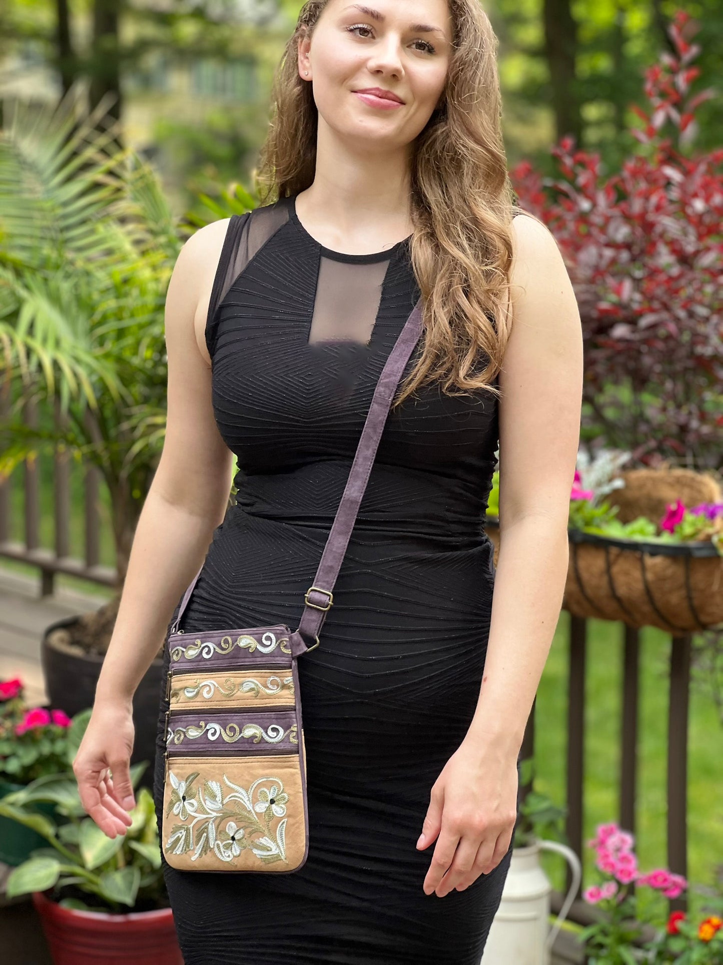 Suede Embroidered Five Zipper Cross-Body Bag