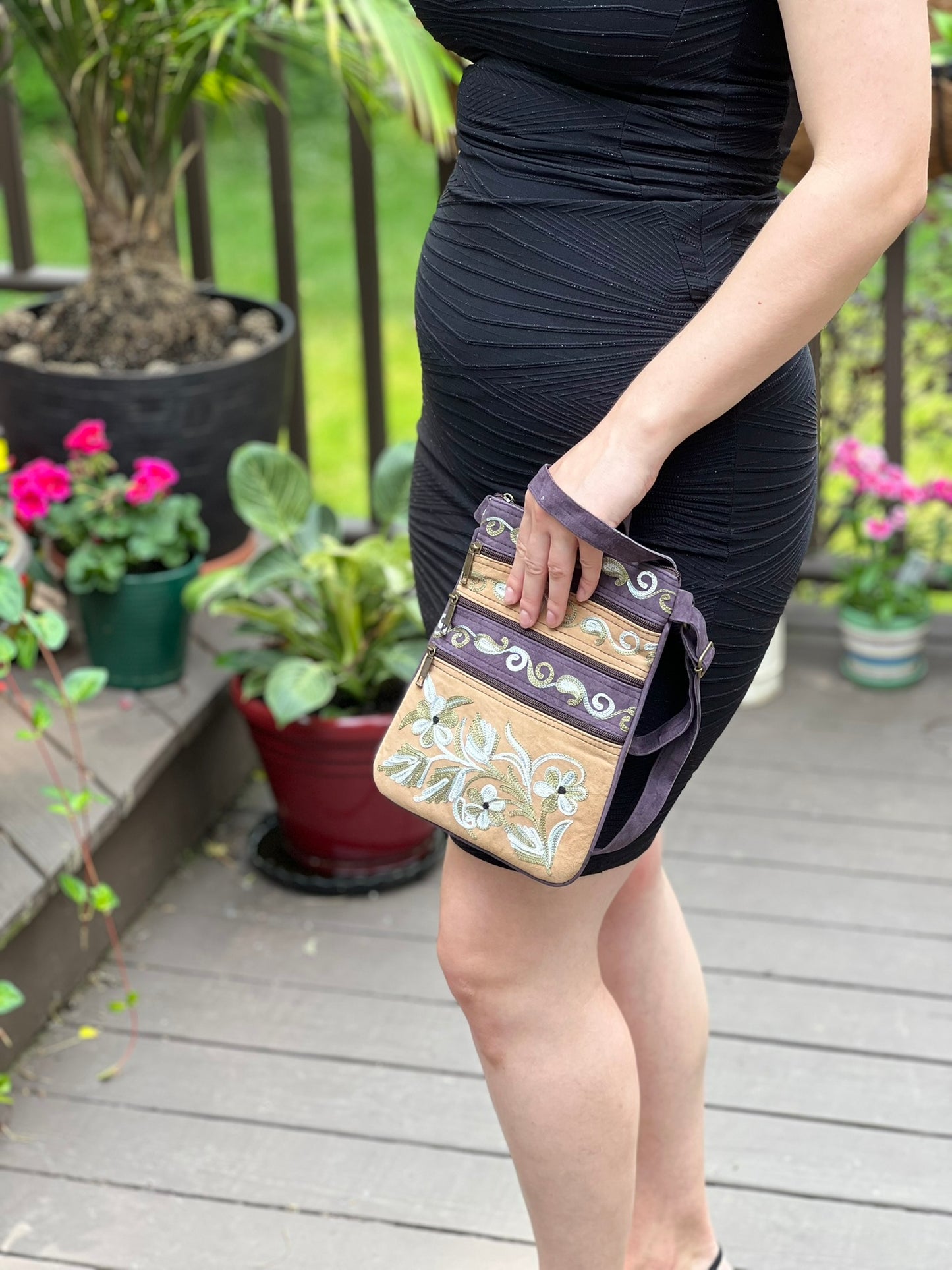 Suede Embroidered Five Zipper Cross-Body Bag