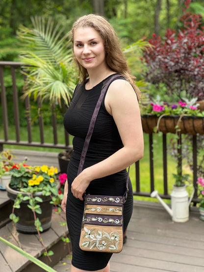 Suede Embroidered Five Zipper Cross-Body Bag