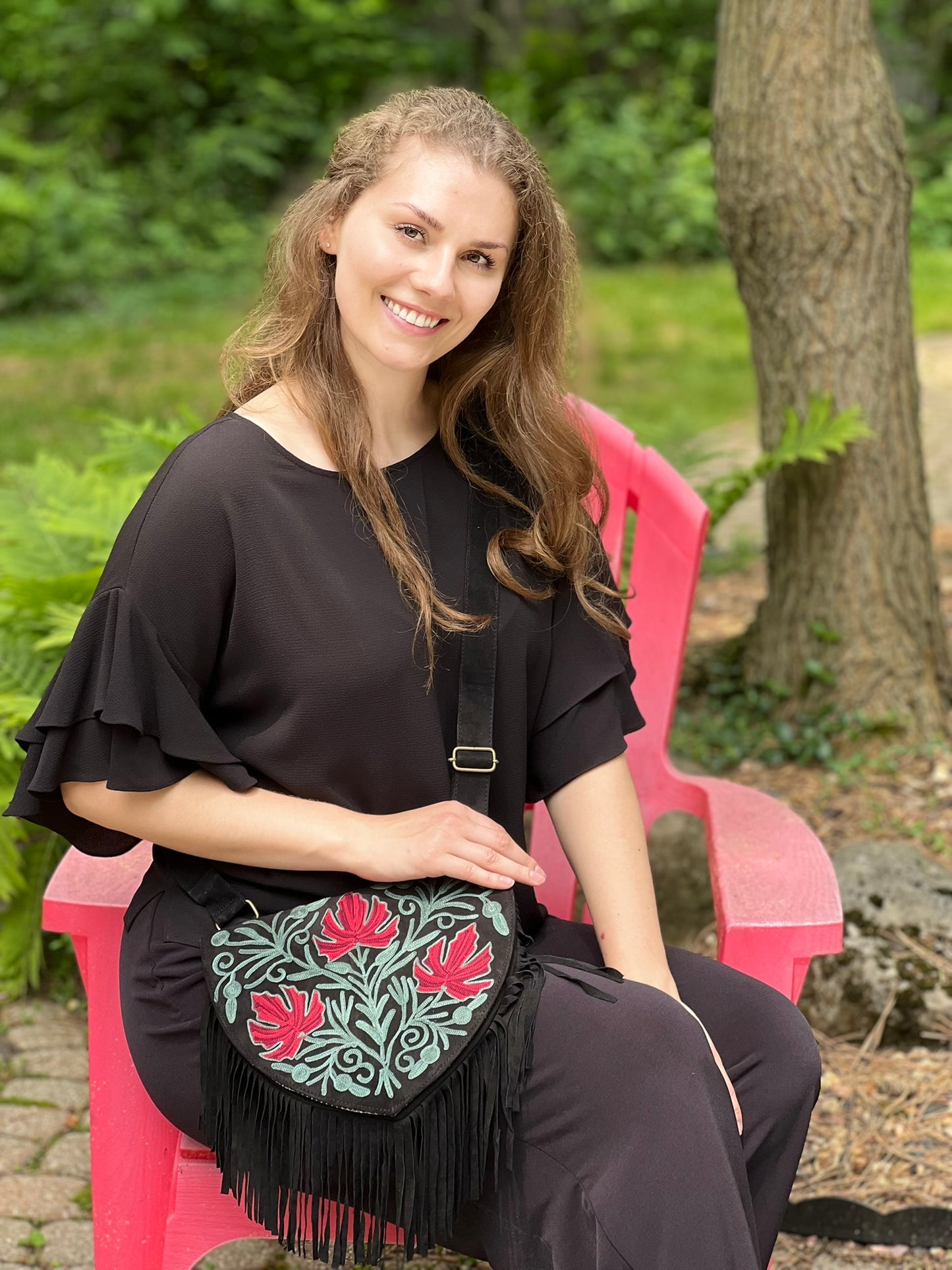Handmade Green and Red Suede Embroidered Heart Shaped Bag