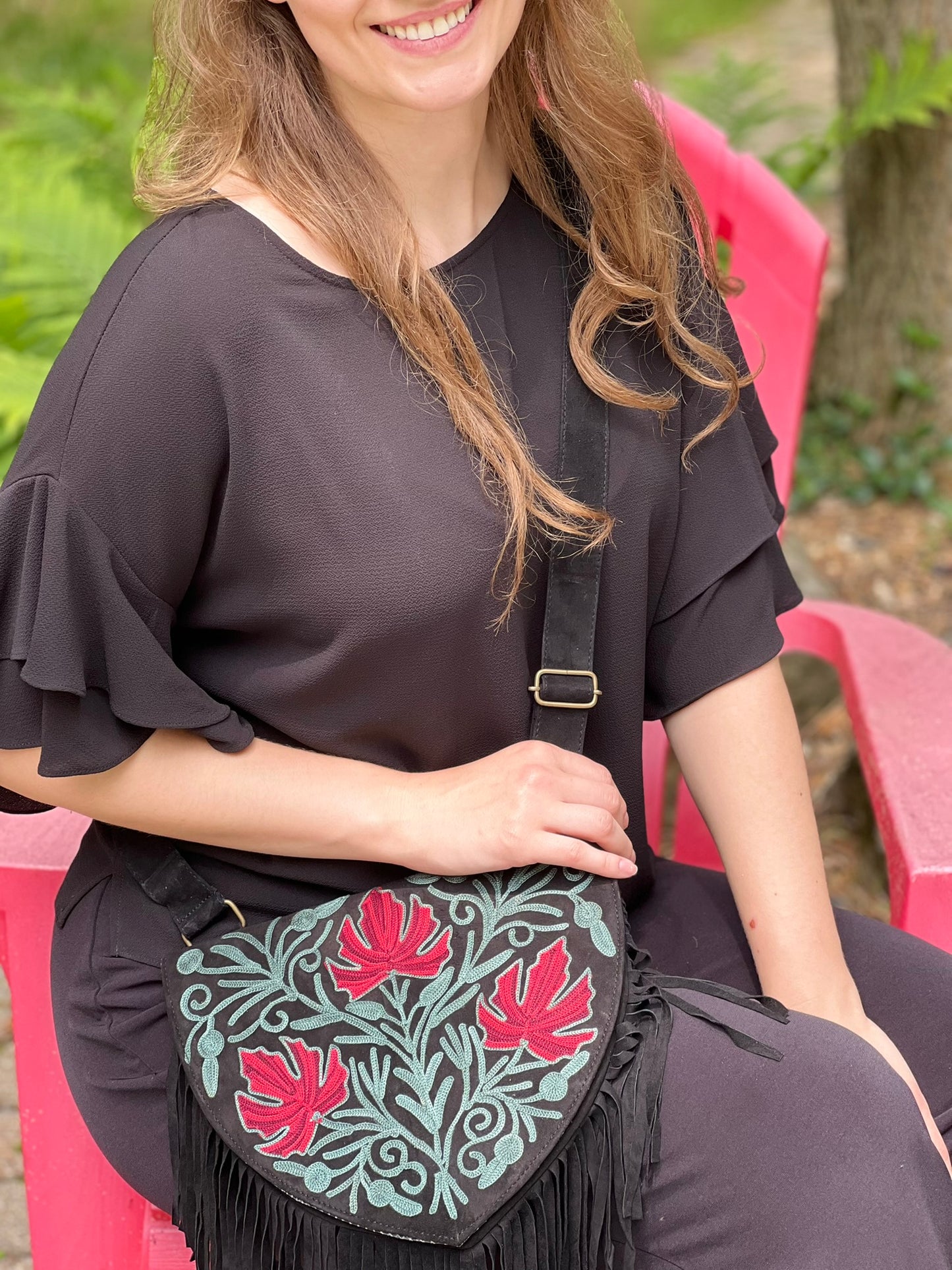 Handmade Green and Red Suede Embroidered Heart Shaped Bag