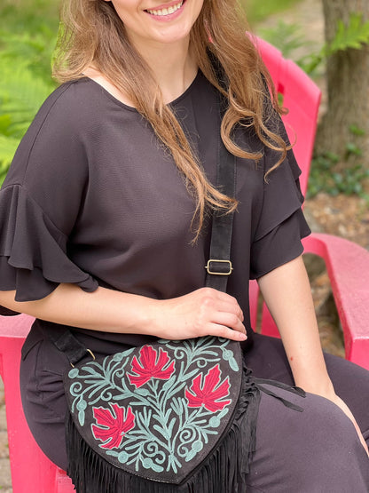 Handmade Green and Red Suede Embroidered Heart Shaped Bag