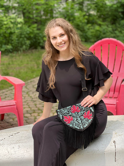 Handmade Green and Red Suede Embroidered Heart Shaped Bag