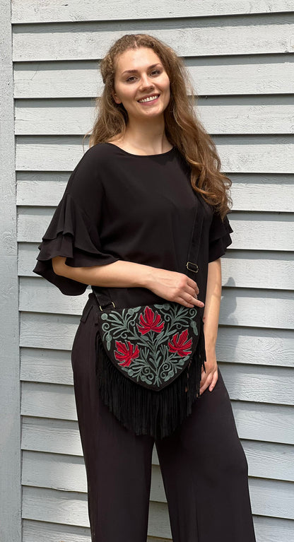 Handmade Green and Red Suede Embroidered Heart Shaped Bag