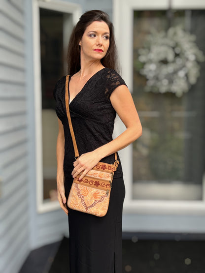 Suede Embroidered Five Zipper Cross-Body Bag