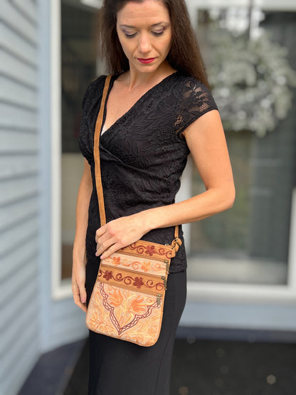 Suede Embroidered Five Zipper Cross-Body Bag