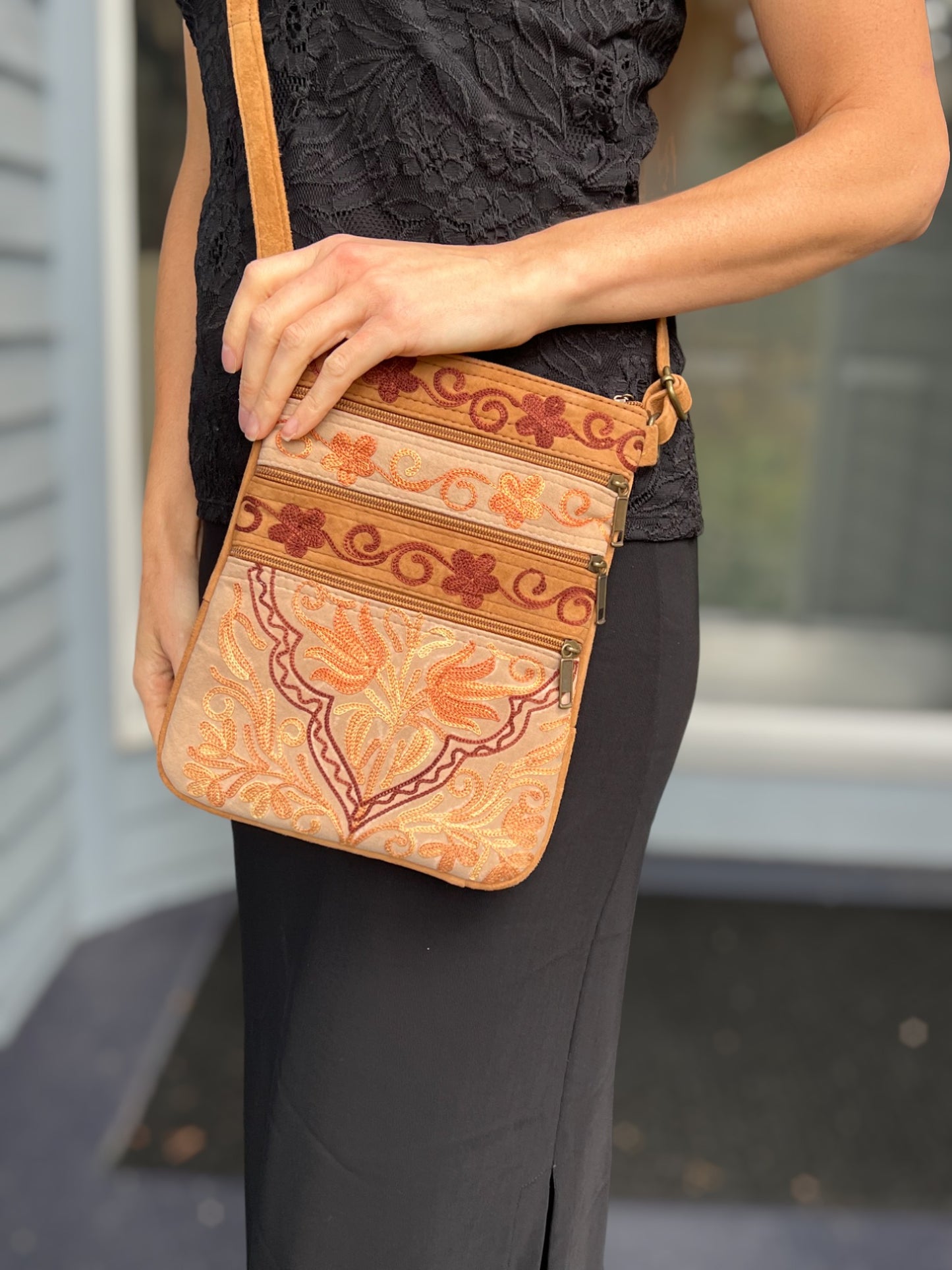 Suede Embroidered Five Zipper Cross-Body Bag