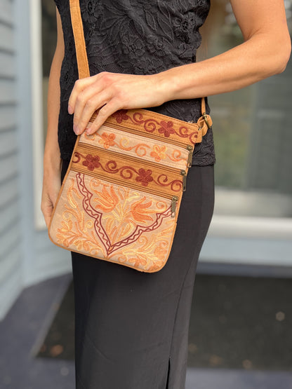 Suede Embroidered Five Zipper Cross-Body Bag