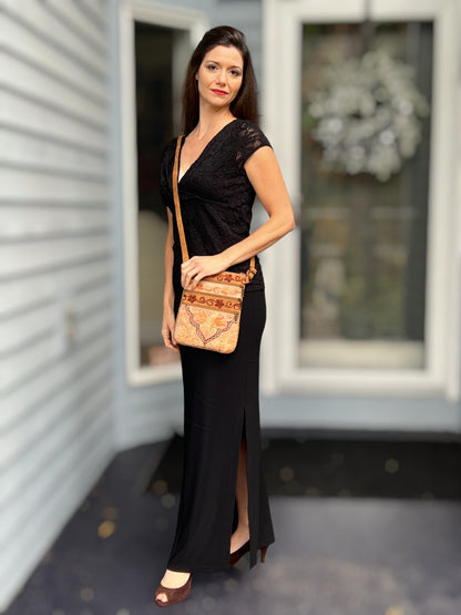 Suede Embroidered Five Zipper Cross-Body Bag