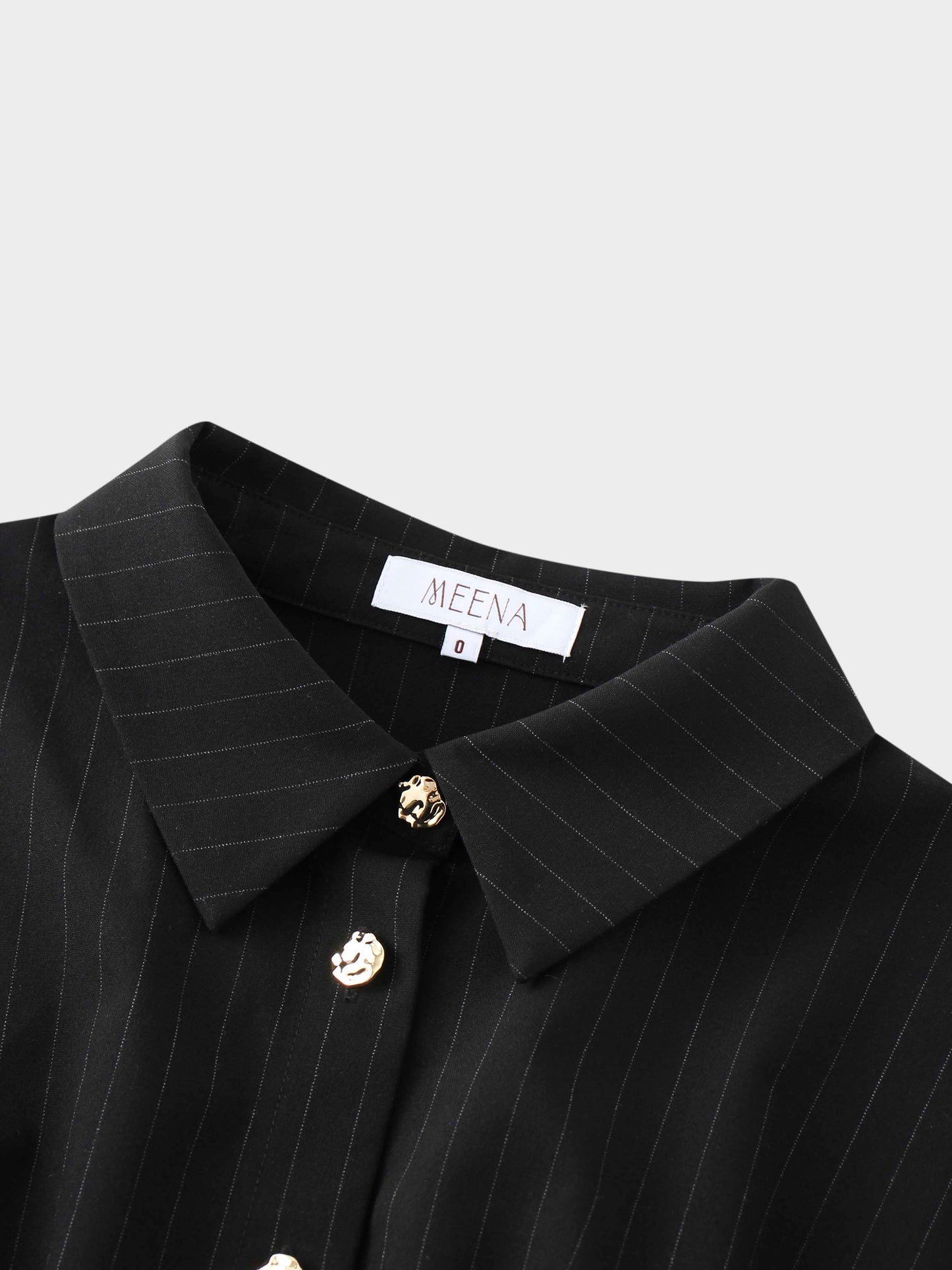 Pleat Waist Pinstripe Button Down Dress-Black