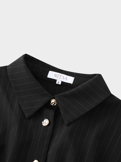 Pleat Waist Pinstripe Button Down Dress-Black