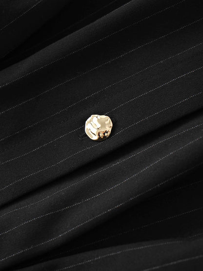 Pleat Waist Pinstripe Button Down Dress-Black