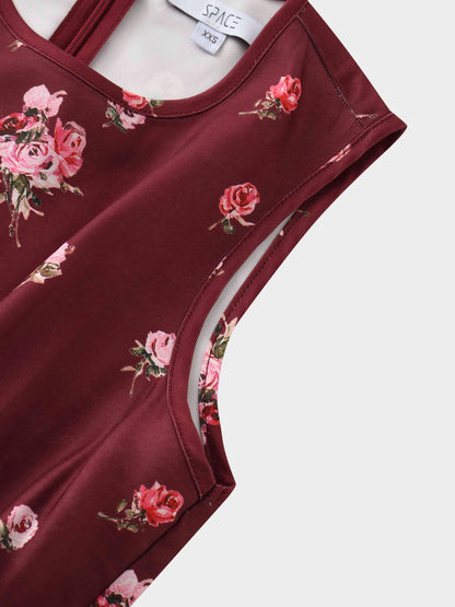 Pleated Bottom Slip Dress-Burgundy Floral