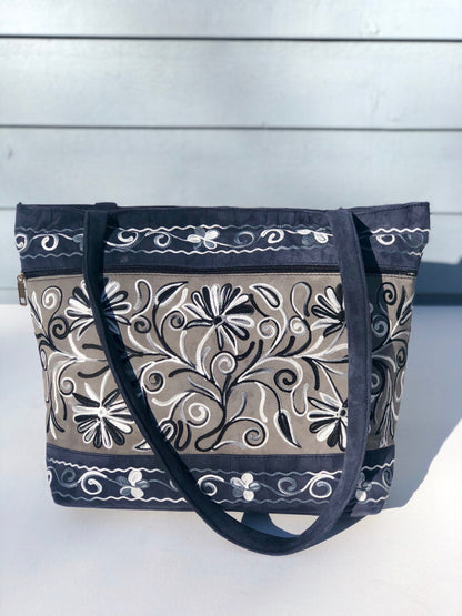 Handmade Grey and Navy Suede Embroidered Tote Bag