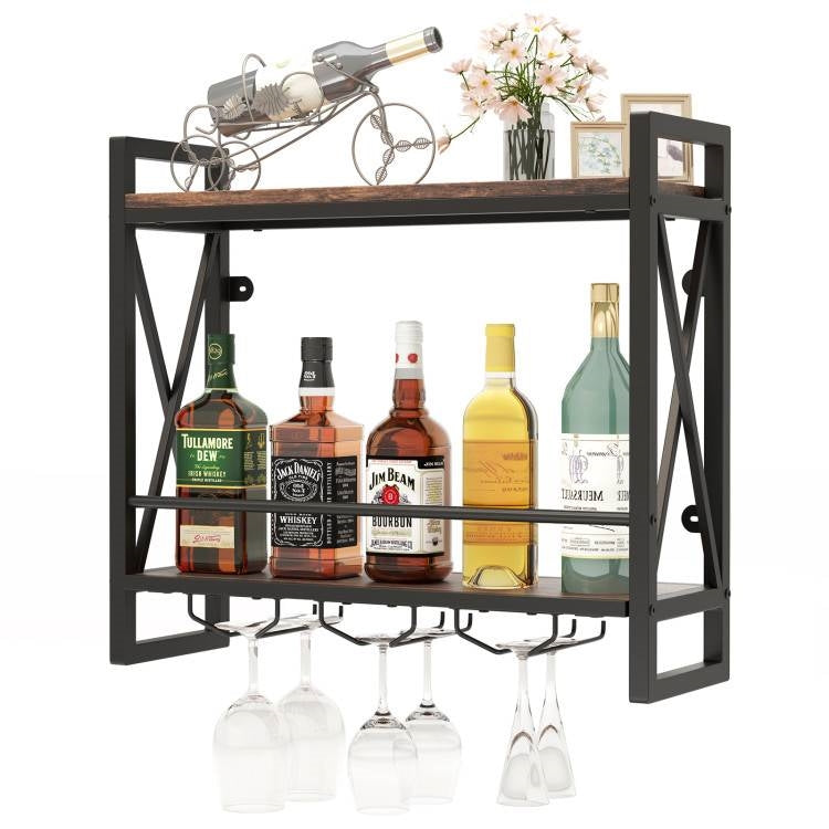 Industrial Rustic Brown Wood Metal 2 Tier Wall Mounted Wine Rack