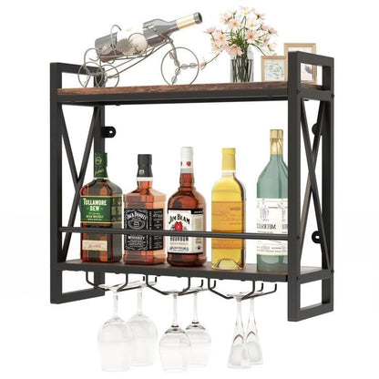 Industrial Rustic Brown Wood Metal 2 Tier Wall Mounted Wine Rack